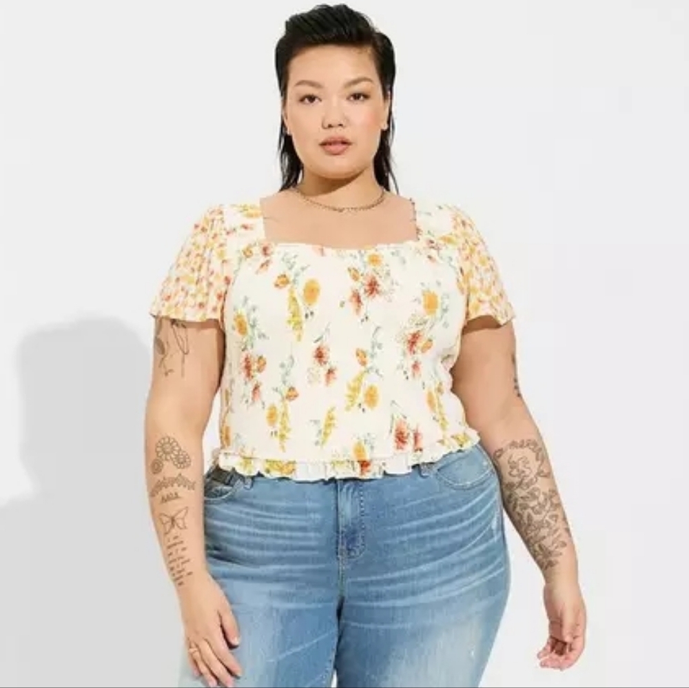 Torrid Floral Smocked Flutter Short Sleeve Crop Top Square Neck Blouse